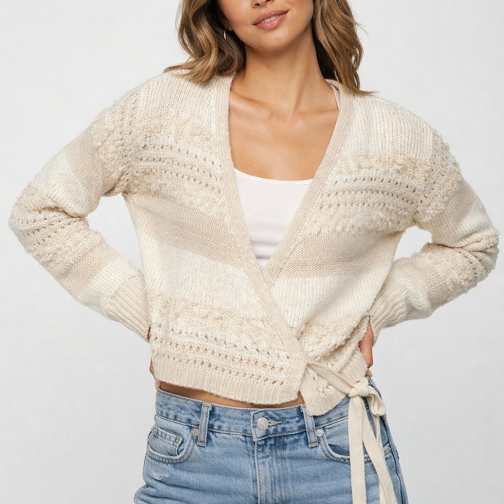 ANA Off White Tie Wrap Stripe Crop V Neck Open Cardigan size Small Women